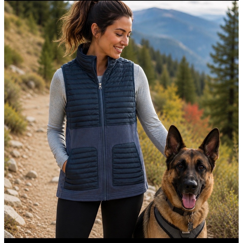 Womens Hybrid Quilted Fleece Vest Blue‎ Dog Treat Pocket NWT M Gorpcore Granola